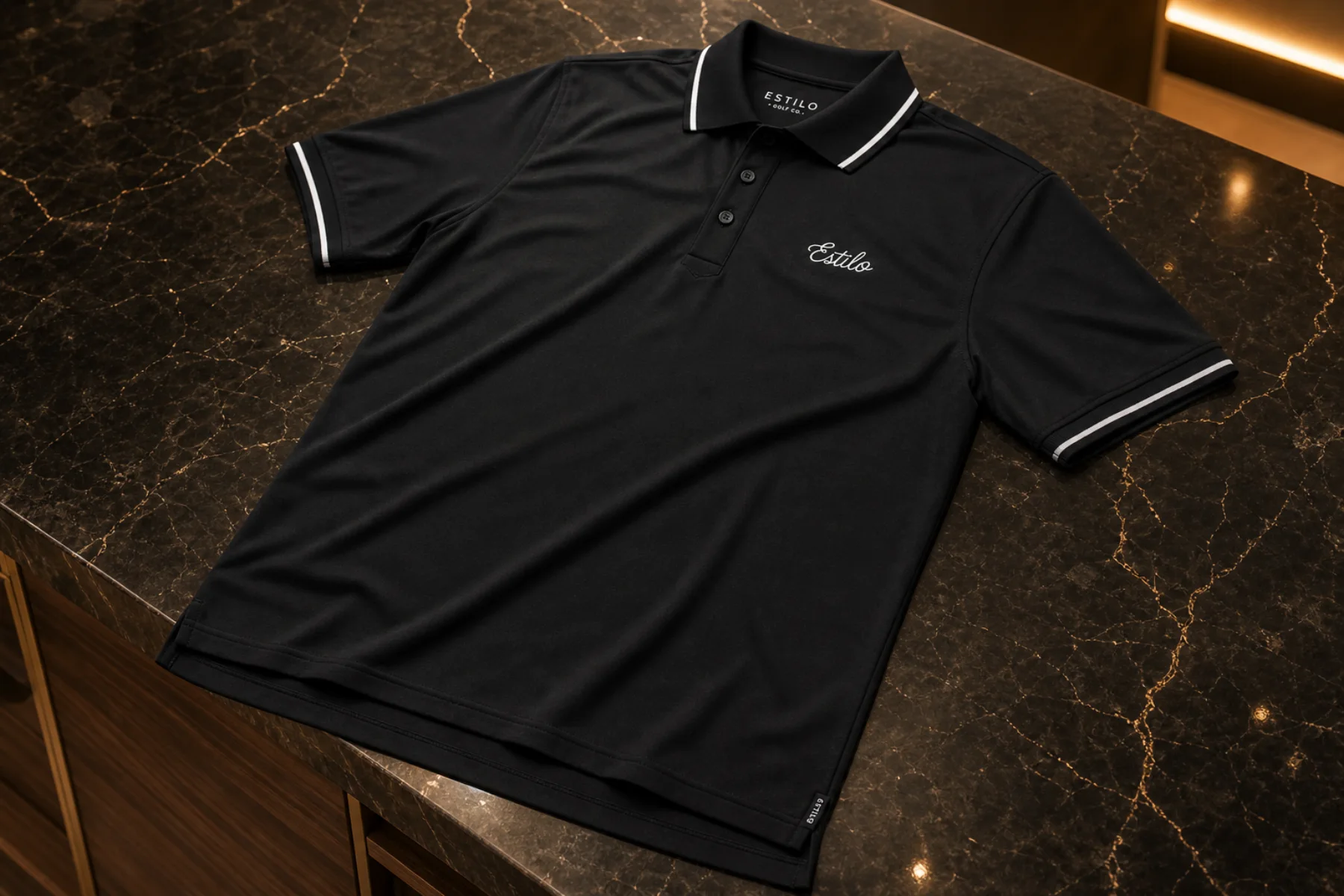 The black Catrin Estilo Golf Co. polo arranged on warm black marble in an editorial product photograph.