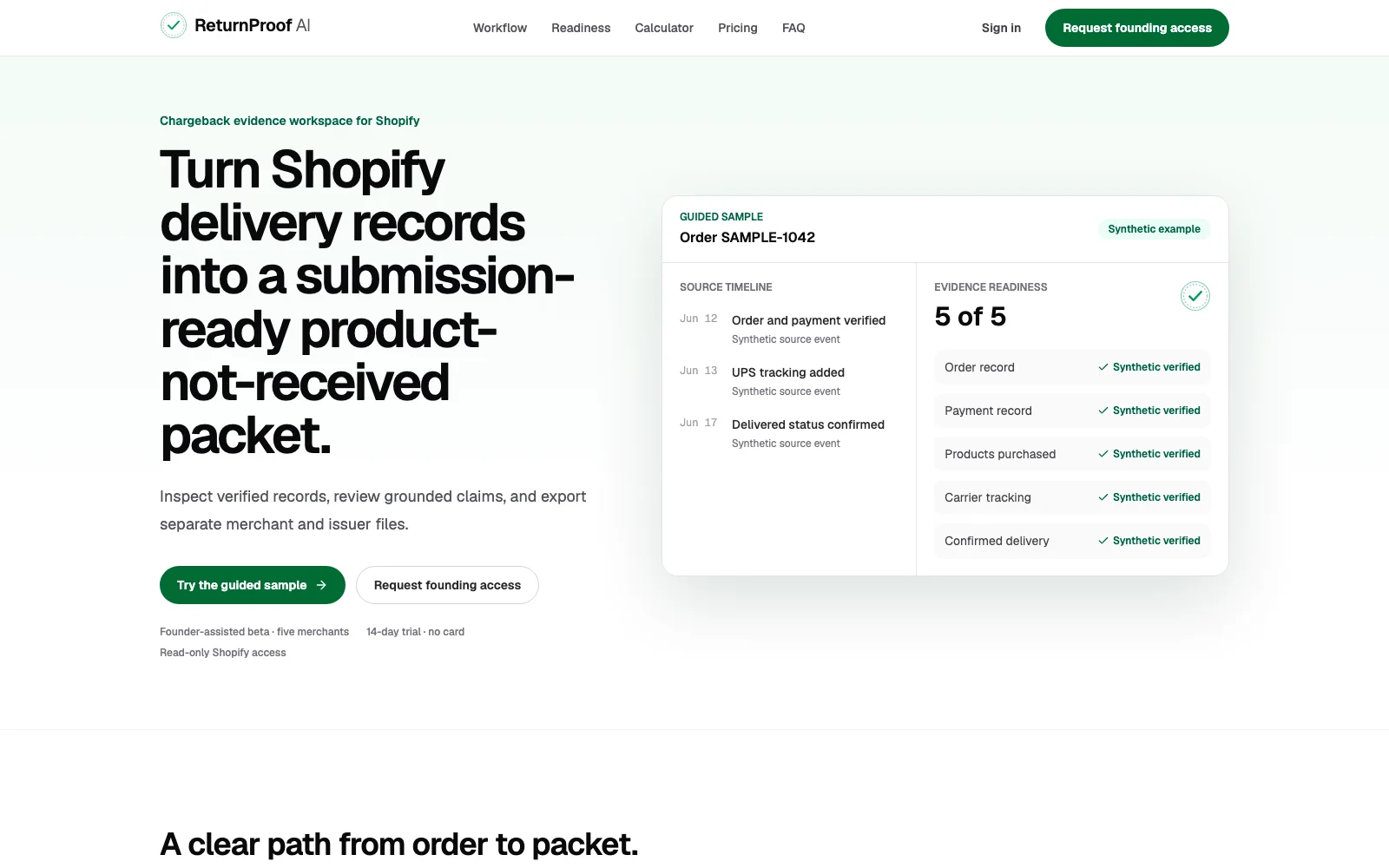 The ReturnProof AI interface showing a source timeline and evidence readiness workflow for a synthetic Shopify order.