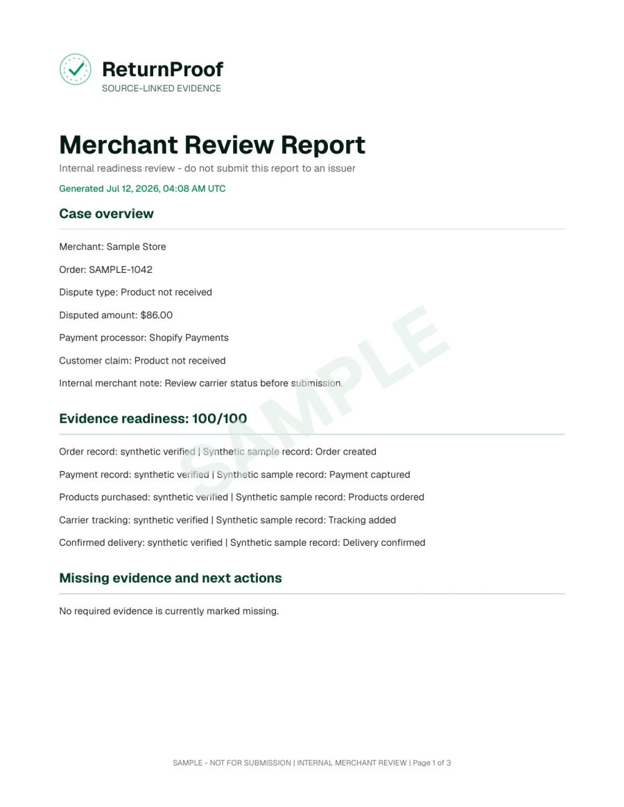 A sample ReturnProof evidence readiness report generated from verified source records.