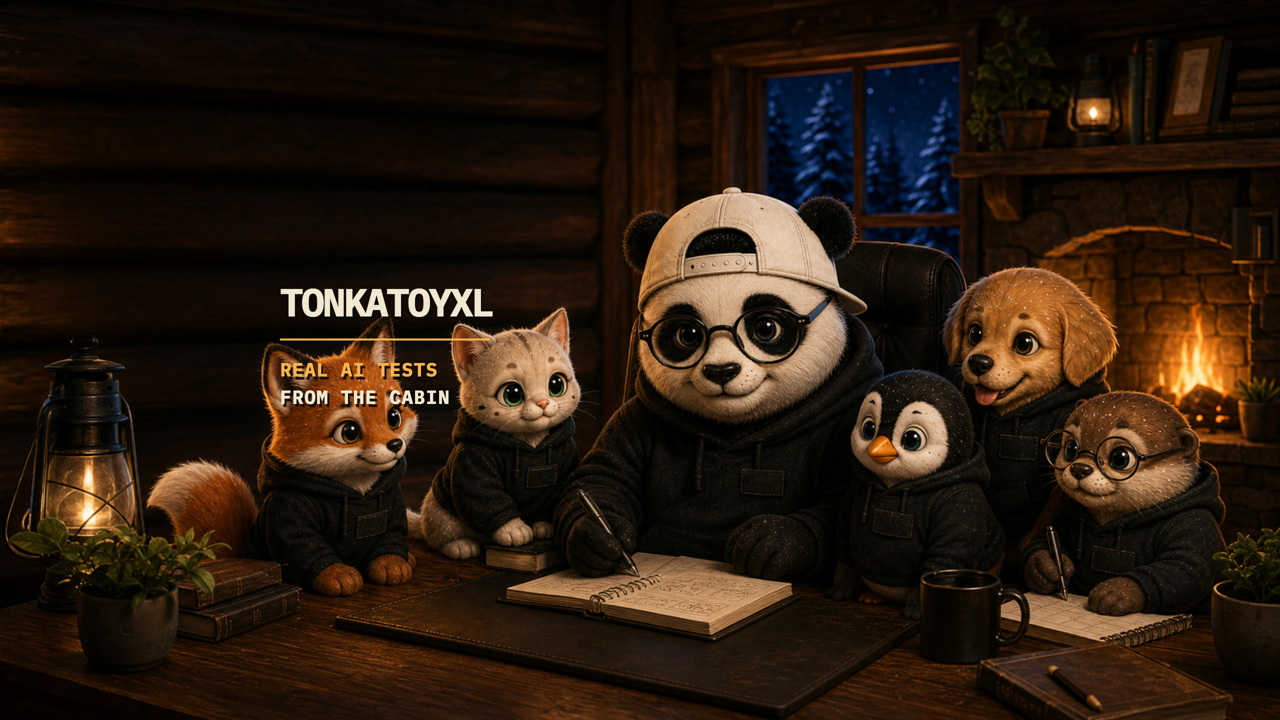 Operator Tonka and the model companions at a wooden workbench in the warm AI Test Cabin. The banner reads: Real AI tests from the cabin.